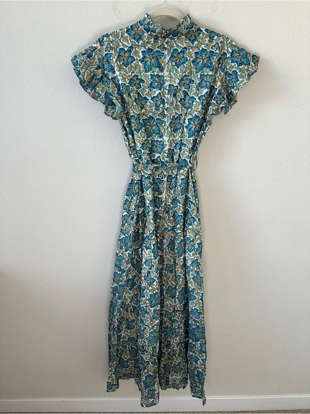 OLIPHANT RUFFLE COLLAR BUTTON MAXI FLORAL DRESS  IVY BLUE/GOLD SZ XL